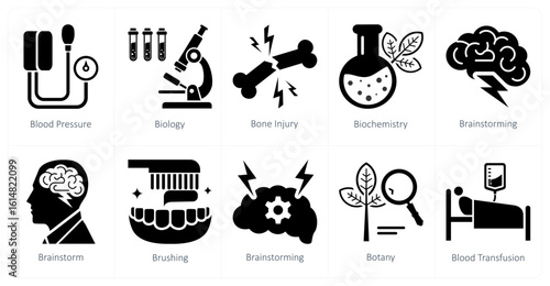 A set of 10 mix icons as blood pressure, biology, bone injury