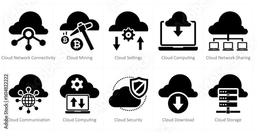 A set of 10 mix icons as cloud network connectivity, cloud mining, cloud settings