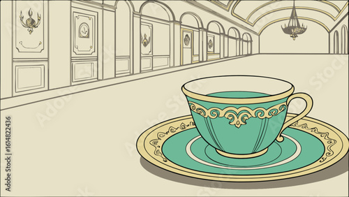 Elegant tea cup illustration in grand hall drawing with vintage design and antique chandelier art style