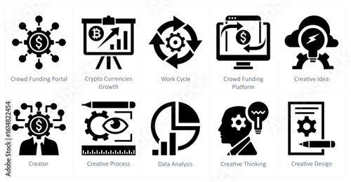A set of 10 mix icons as crowdfunding portal, crypto currencies growth