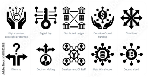 A set of 10 mix icons as digital content copyright protection, digital key