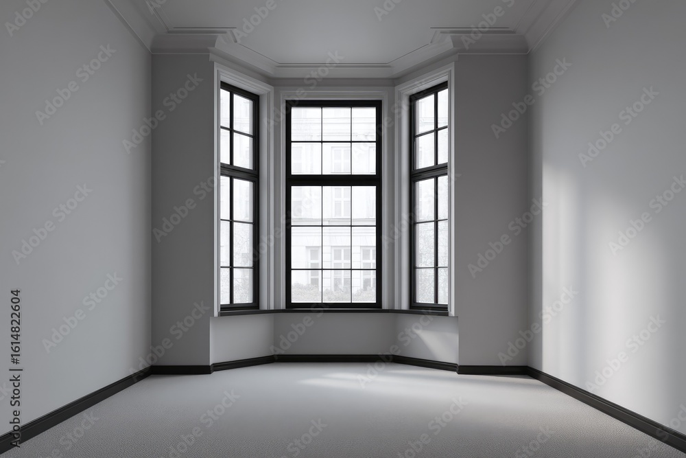 Obraz premium Empty room with bay window, sunlight streams in