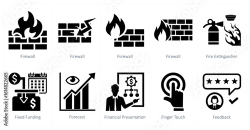 A set of 10 mix icons as firewall, fire extinguisher, fixed funding