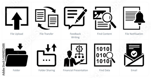 A set of 10 mix icons as file upload, file transfer, feedback writing