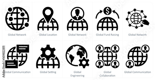 A set of 10 mix icons as global network, global location, global fund raising