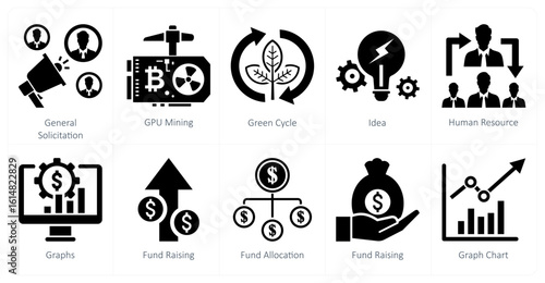 A set of 10 mix icons as general solicitation, gpu mining, green cycle