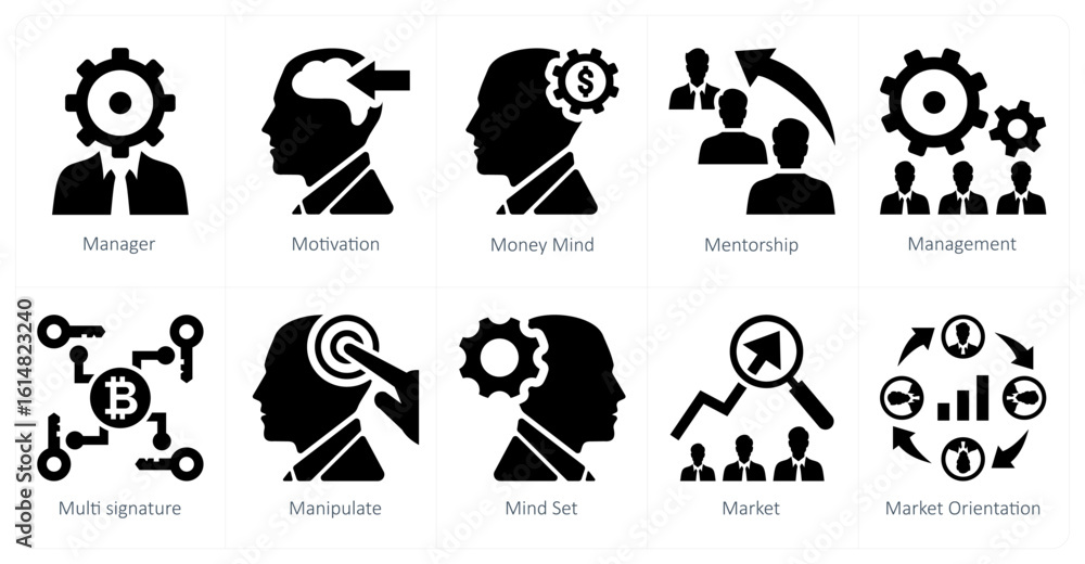 A set of 10 mix icons as manager, motivation, money mind A set of 10 mix icons as manager, motivation, money mind