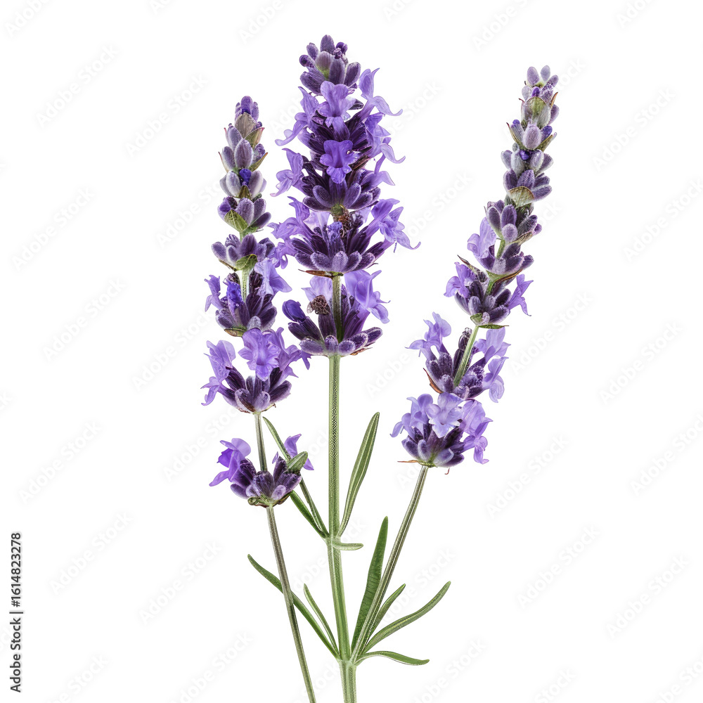 Naklejka premium Close-up of three lavender sprigs. Deep purple flower clusters, slender stems, and light green leaves