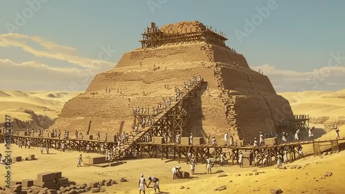 Ancient pyramid construction in a desert landscape