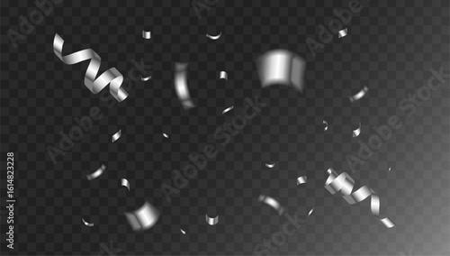 Festive silver confetti streamer and shiny tinsel particles falling in a celebration burst on a transparent background.