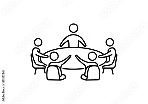 Vector illustration of a business meeting with people sitting around a round table discussing strategy and planning for a new project