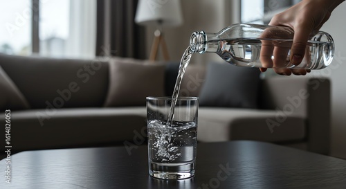 Person Pouring Water Into Glass in Modern Living Room
