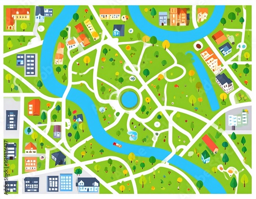 Colorful city map with parks and river