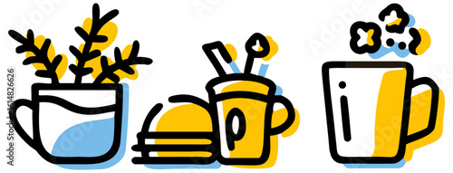 Illustration of mugs plants coffee cup drink tea beverage pot cafe kitchen home decor still life drawing art on transparent background