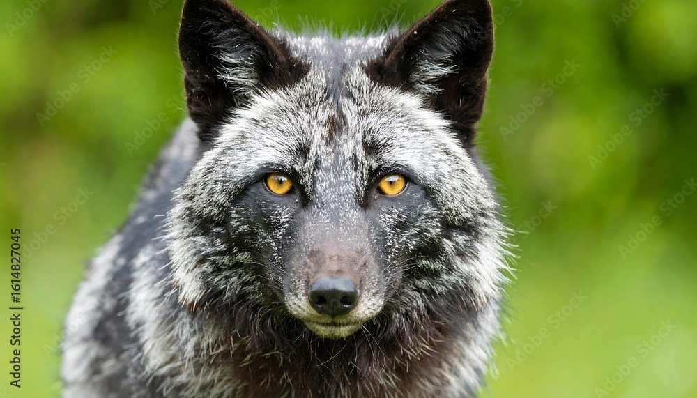 Close-up portrait of a silver fox with intense amber eyes against a blurred green background Close-up portrait of a silver fox with intense amber eyes against a blurred green background