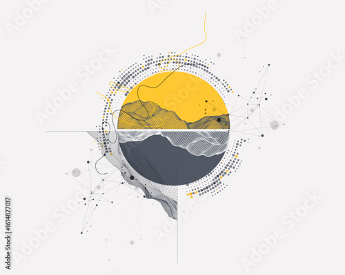 Abstract wireframe background. Modern science or technology art elements. Surface illustration inside circles