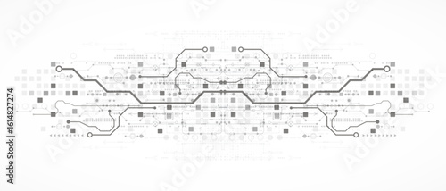Technological background in gray colors. Used technical lines and a pattern of squares with different shades of gray.