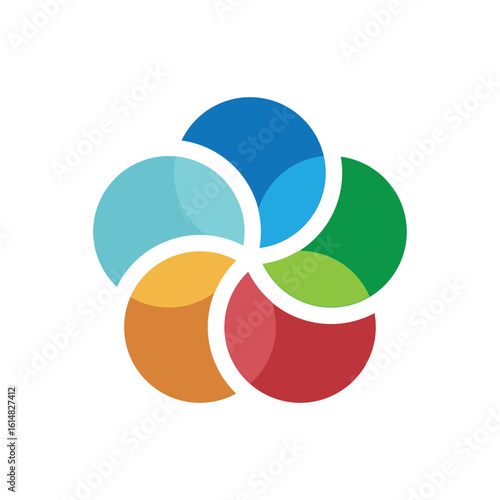 The image shows a logo design of five circle shapes in various colors connected together forming a flower petal shape in simple flat style that looks clean on a white background