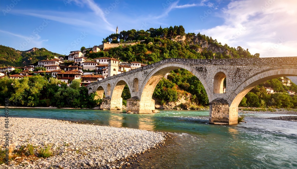 Fototapeta premium Old stone bridge over a river, with a hillside town