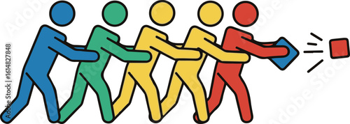 A stylized illustration depicting five colorful stick figures, linked together, with the lead figure launching a small red cube.