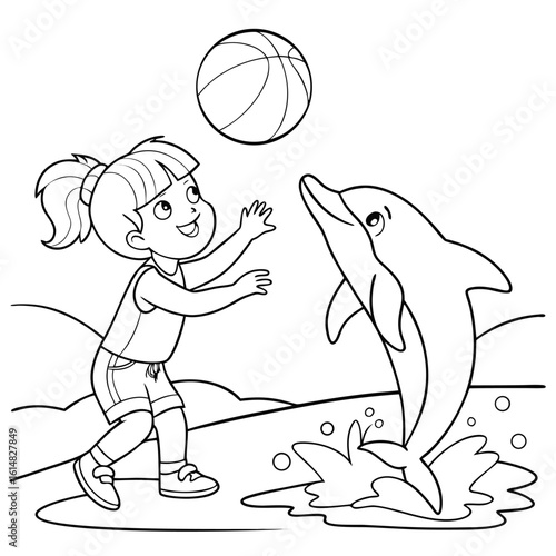 Special Child with Hearing Aid Playing with Therapy Dolphin – Inclusive Line Art Coloring Page