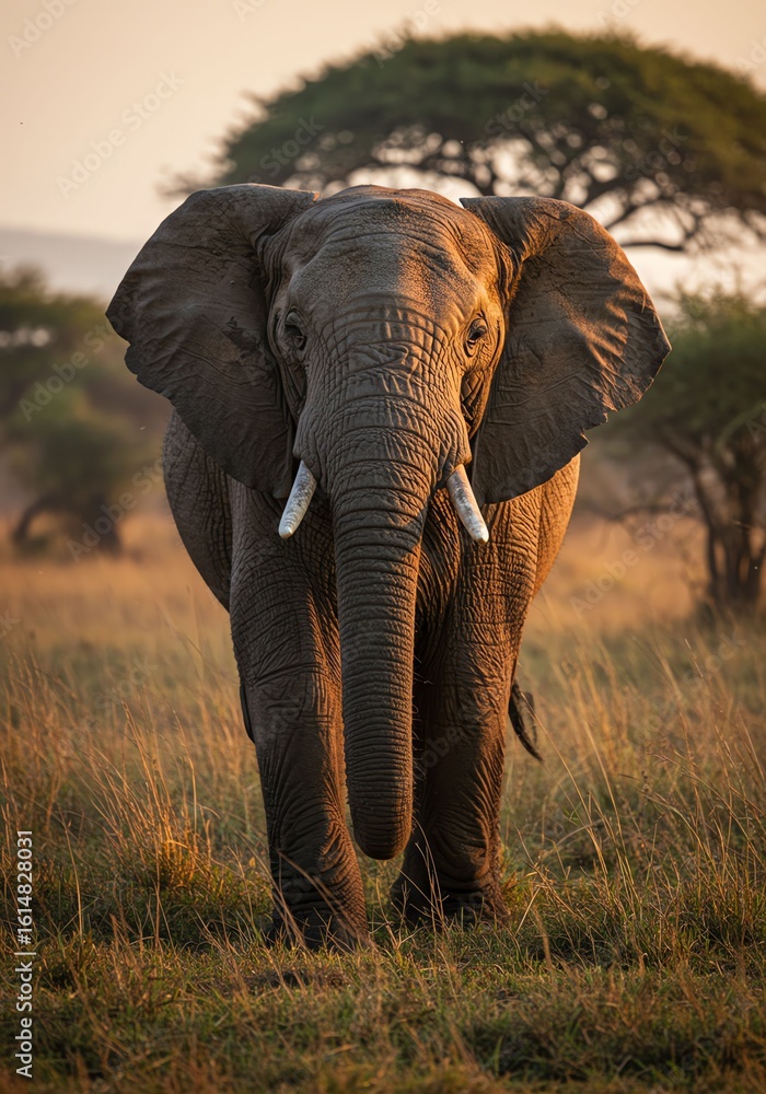 Naklejka premium Majestic Elephant Standing in African Grassland During Sunset