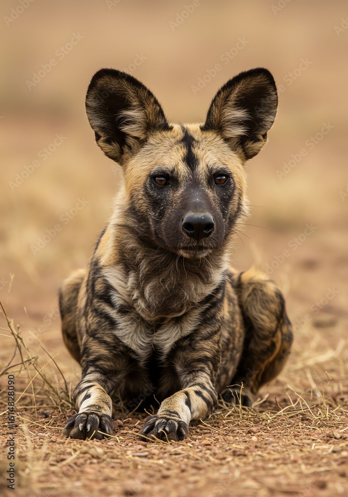 Fototapeta premium Dramatic African Wild Dog Lying on Dry Ground in Natural Habitat