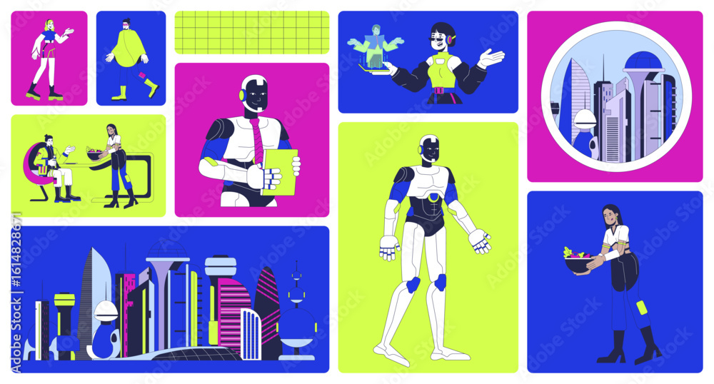 Naklejka premium High-tech urban future with AI and smart living bento grid illustration set. Futuristic architecture, sci fi robots 2D vector image collage design collection. Diverse flat characters moodboard layout
