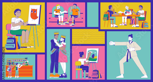 School life with art, lunch and celebration bento grid illustration set. Martial arts, prom 2D vector image collage design. Diverse kids painting, eating in cafeteria flat characters moodboard layout