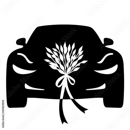 Bouquet tied on car bumper with ribbons – Romantic wedding arrival, traditional touch