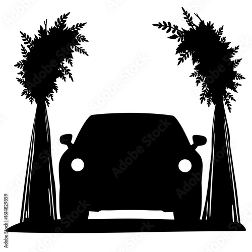 Silhouette of wedding car with floral columns – Celebration entry, grand carriage