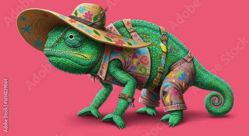 Funny chameleon painter wearing colorful hat and clothes on vibrant pink background for whimsical children's designs