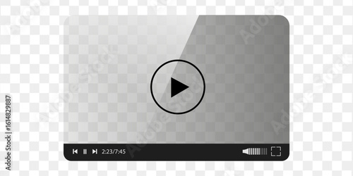 media overlay, transparent video player interface with realistic play button and control bar for streaming UI, content preview and online playback display

