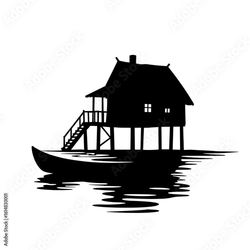 Silhouette house on stilts over water with canoe – island living concept