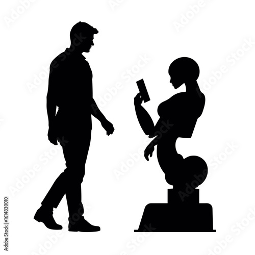 Silhouette of worker walking toward collaborative robot – Human-robot teaming, smart automation