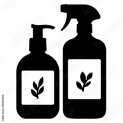Silhouette of cleaning bottles with plant icon – Safe ingredients, home wellness