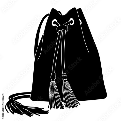 Silhouette of suede bucket bag with drawstring and tassels, boho style