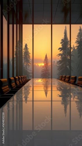 Modern conference room with panoramic sunset view