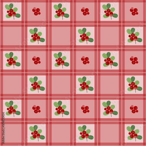 Lingonberry plaid, checkered seamless pattern with red berries.