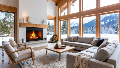 Cozy living room with fireplace, large windows showcasing snowy mountain view