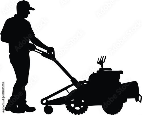 Silhouette of man with cap mowing lawn with mower lawnmower