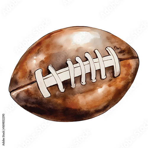 Vintage watercolor illustration of a brown football with white laces american football