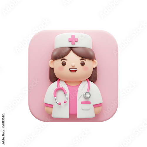 A friendly cartoon nurse avatar with a pink cross on her cap and a stethoscope symbolizes compassionate medical service.