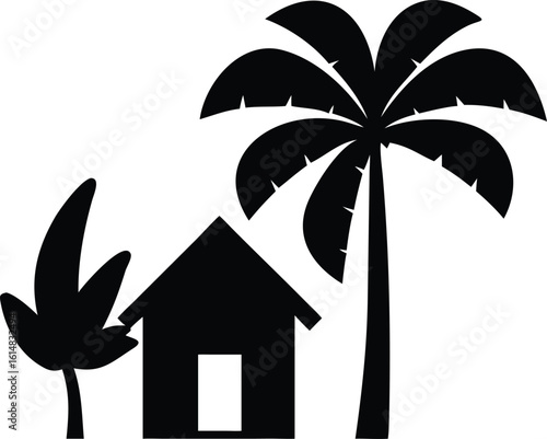 Tropical bungalow and palm tree silhouette house home