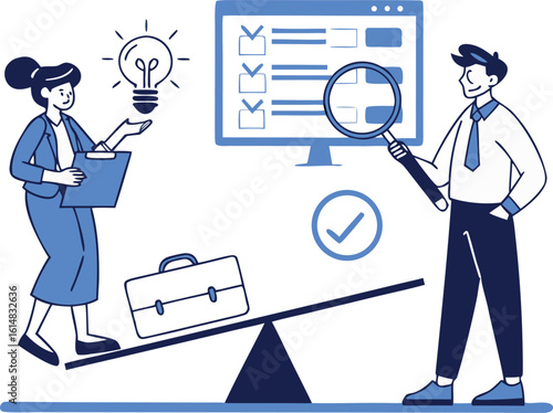 Businesswoman Idea and Man Inspecting Checklist on Seesaw Balance Concept Illustration Blue Tones