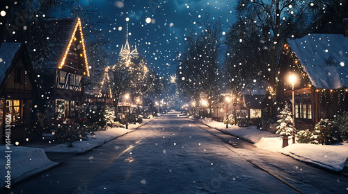 The winter Christmas village is a beautiful sight. The snow is falling gently and the lights are shining brightly. The houses are covered in sparkling white, and the streets are lined with trees