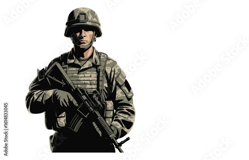 Silhouette of Armed Soldier in Tactical Gear Holding Rifle – Military Vector Illustration	
