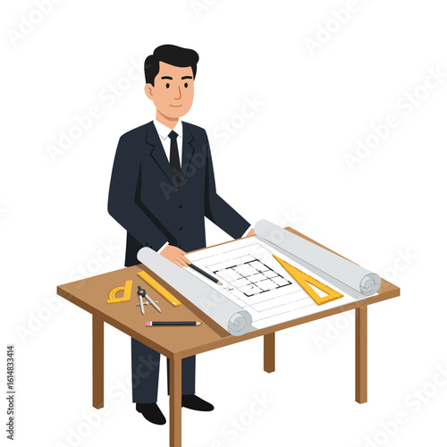 A confident architect reviews blueprints at his desk, surrounded by architectural tools and design plans, showcasing professionalism and expertise in the field.