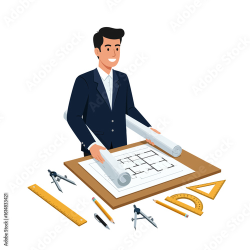 A smiling architect in a suit stands over a drafting table, with blueprints and tools, illustrating the concept of design and construction.