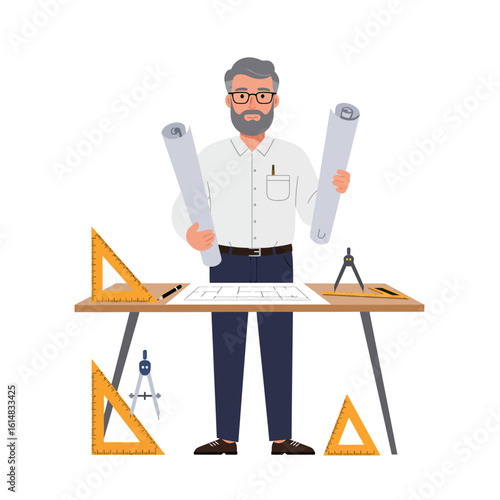 A professional architect with glasses stands at his desk, holding blueprints and surveying the project with precision, showcasing expertise in design and planning.